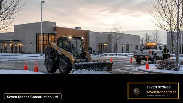 Educational illustration of a marked commercial site map showing entrances, walkways, parking sections, drains, and candidate snow-storage areas.